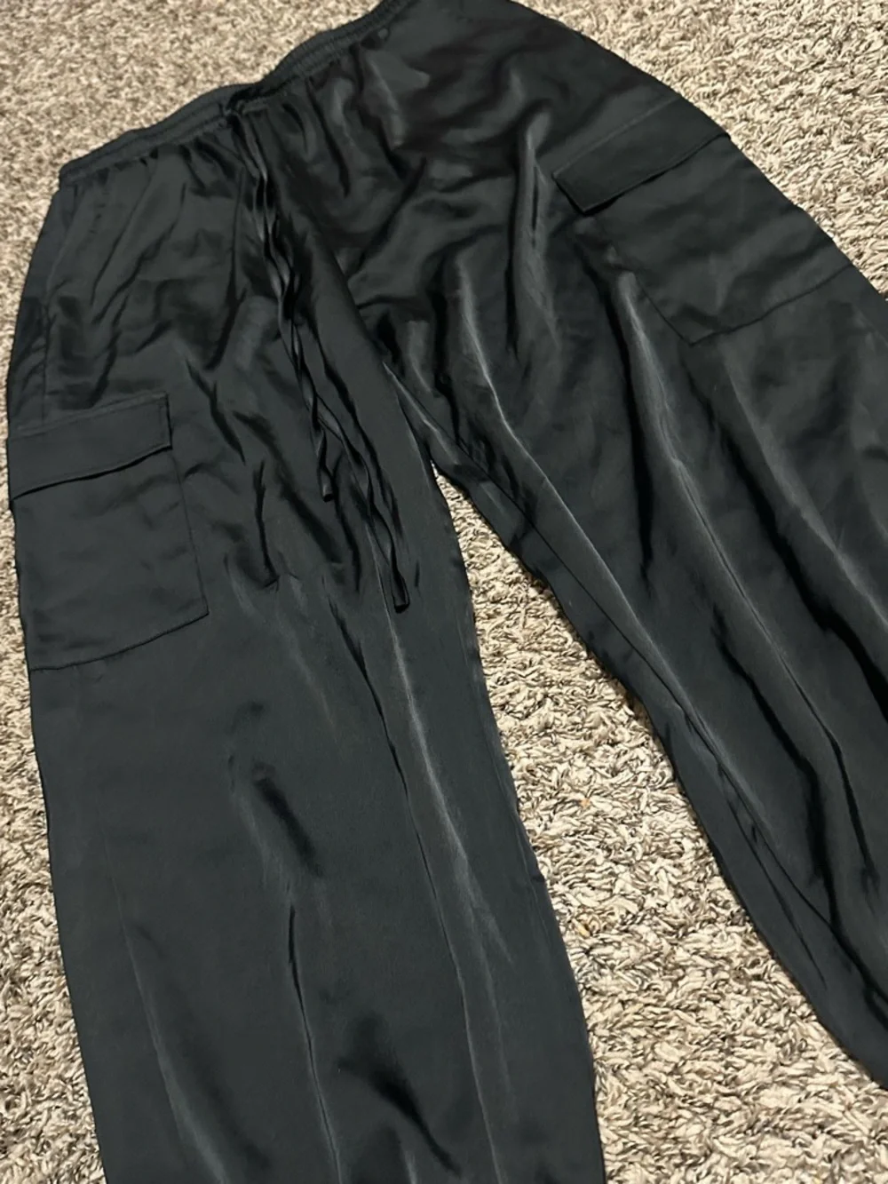 Black Satin cargo joggers size XL New With Tags - 32” waist